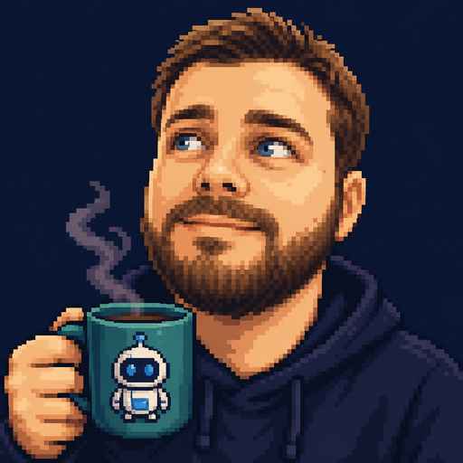 Avatar pixel art de Richard Ditbenner segurando uma caneca de café com um robozinho